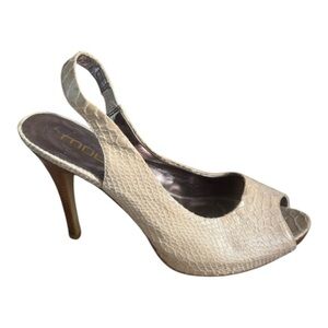 Moda Spana Nude Snakeskin Embossed Leather Peep Toe Sling Back Shoes Size 9.5